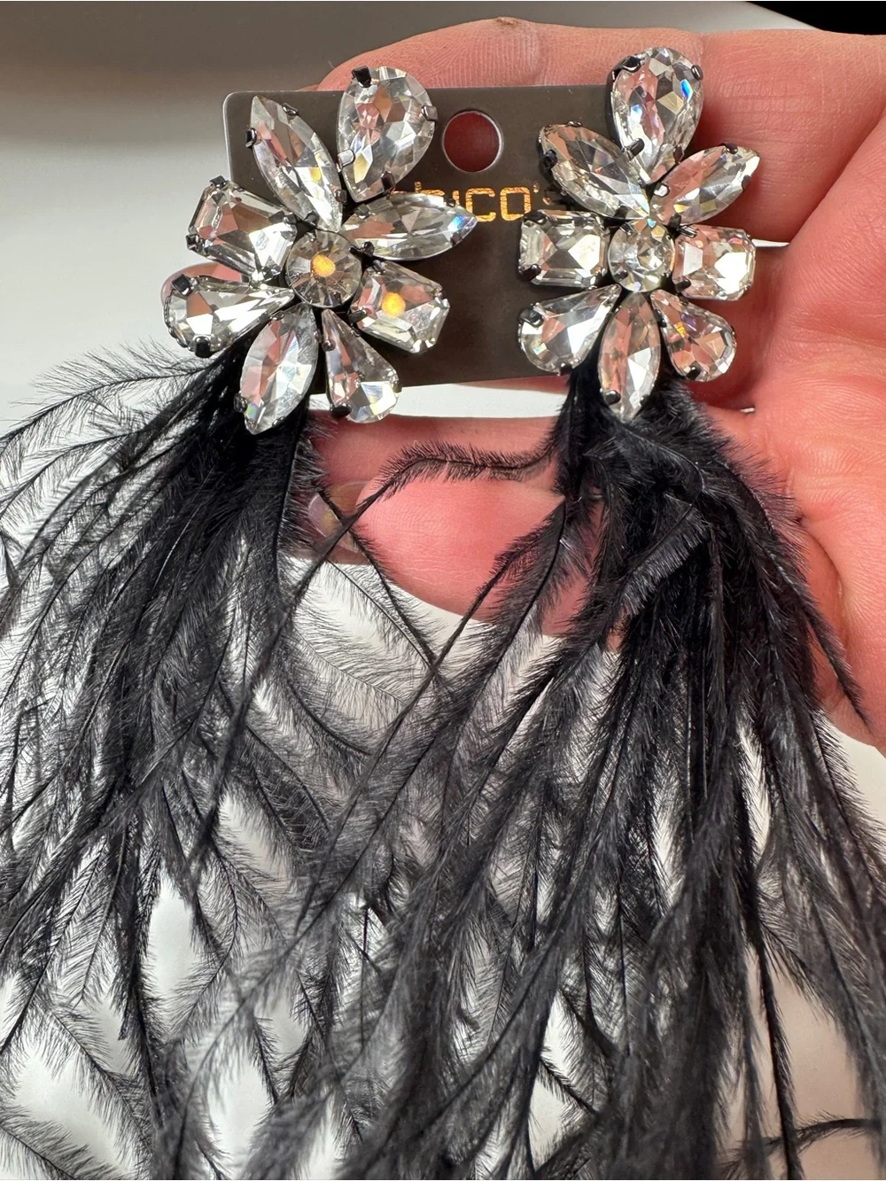 Chico's Crystal Flower Earrings with Black Feathers